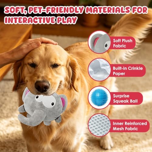 XIAPIA 3-in-1 Plush Elephant Squeaky Dog Toys for Aggressive Chewers