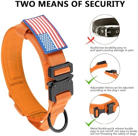 DAGANXI Tactical Dog Collar, Adjustable Military Training Nylon Dog Collar with Control Handle and Heavy Metal Buckle for Medium and Large Dogs, with Patches and Airtags Case (Orange, XL)