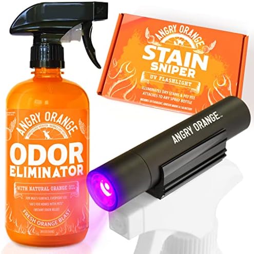 ANGRY ORANGE Pet Odor Eliminator Kit for Dog/Cat Urine, 24oz Citrus Odor Eliminator Spray and Stain Sniper Flashlight - Citrus Scent
