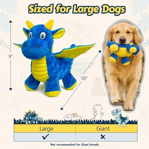 Squeaky Dog Toy - Plush Dragon with 5 Squeakers and Crinkle Wings