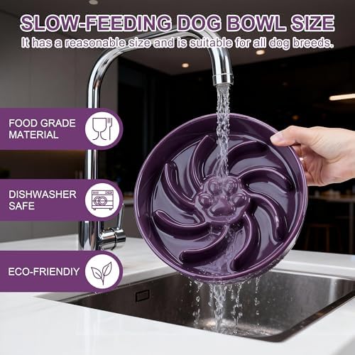 Ceramic Slow Feeder Dog Bowl, 3 Cup Dog Food or 25oz Water, Slow Eating Bowl for Middle Breed, Maze Puzzle Feeder for Fast Eaters, Anti-Choking Stop Bloat, Non-Slip BPA Free (Purple)