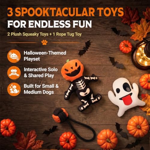 Pacific Pups Products Halloween Dog Toys for Small Dogs — 3-Pack | 2 Halloween Dog Plushies + Rope Toy | Soft, Squeaky & Spooky | Benefits Dog Rescue