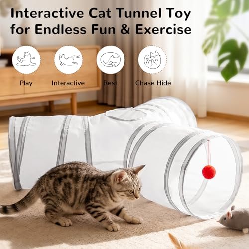 Tempcore Cat Tunnel, 3-Way Collapsible Toy for Indoor Cats, White & Grey