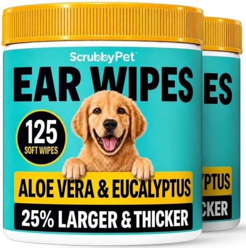 Scrubby Pet Dog Ear Wipes for Dogs | Extra Thick with Aloe Vera & Eucalyptus | 250 Count | Hypoallergenic Ear Cleaner for Dogs with Pearl Texture for Deeper Clean