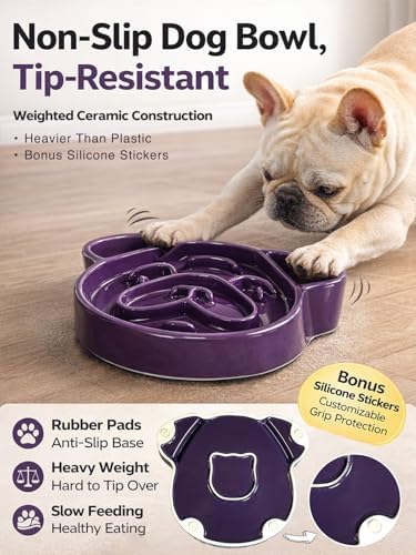 Dog Shape Slow Feeder Ceramic, 8.7in 1.5 Cups Pet Food Bowl for Medium and Big Breed. Bite-Resistant, Dishwasher Safe, Cute Design to Prevent Fast Eating, Bloat, Choking. Gift for Dog Lovers