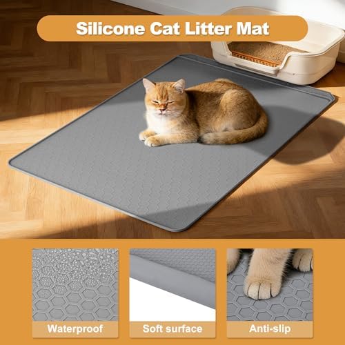 Extra Large Cat Litter Box Mat 34" x 22" – Waterproof Silicone Litter Trapper, Non-Slip, Easy to Clean Floor Protector, Soft on Kitty Paws(Light Grey)