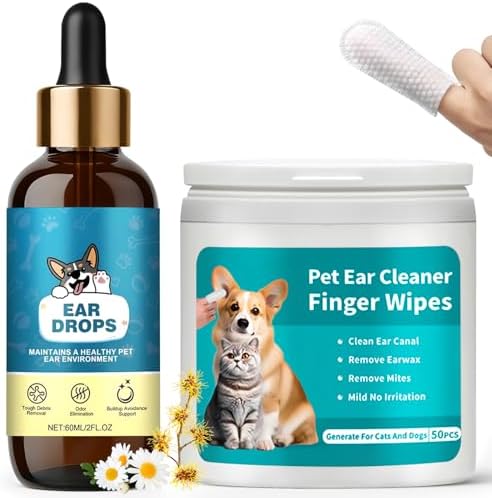 Dog Ear Cleaner with 50 Ear Finger Wipes for Dogs & Cats – Gentle Herbal Ear Drops for Wax & Odor, Chamomile & Witch Hazel for Sensitive Ears, Daily Ear Care Kit, 2oz