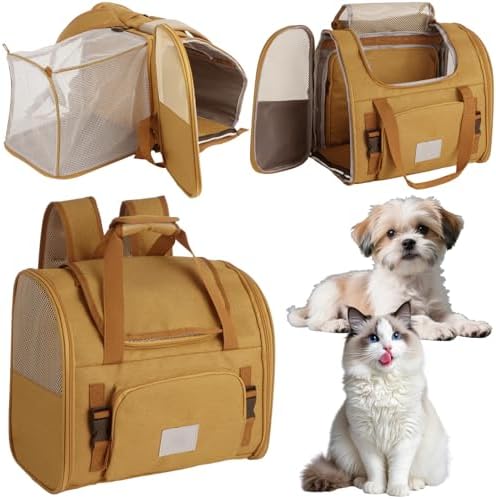 Expandable Pet Backpack Carrier with Ventilated Mesh Top Sides, Folding Travel Backpack with Shoulder Straps Quick-Release Waist Strap Luggage Wrap for Cats Small Dogs Puppies