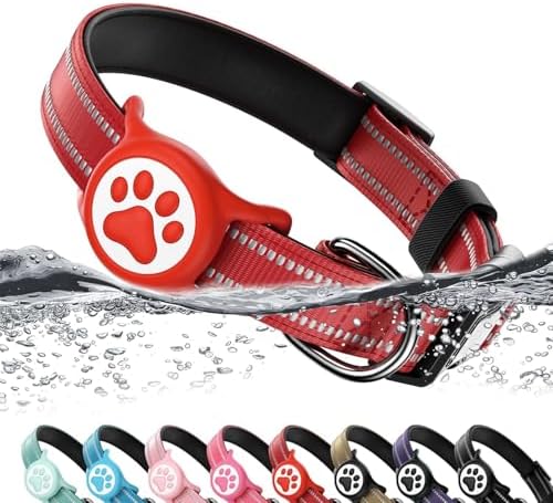 Premium Airtag Dog Collar，with IP68 Waterproof AirTag Holder,Red,XL
