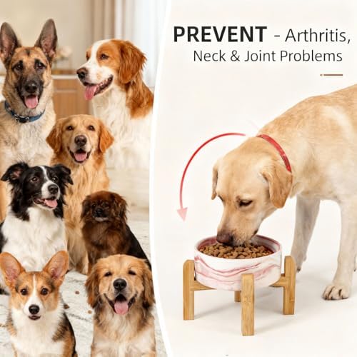 Elevated/Raised Ceramic Dog Bowl with Bamboo Stand,Marble Pattern 7 Inch 7.6 Cups Non Slip Heavy Weighted Single Pet Dish,Anti Tipping,Reduces Neck Strain Marble Pink
