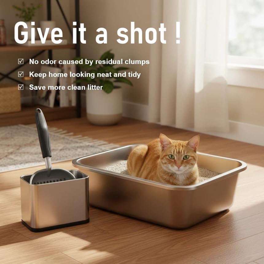 Heavy Duty Cat Litter Scoop with Holder - All Metal Cat Litter Scooper with Stainless Steel Holder - Speed Sifter Litter Box Scooper Captures All Clumps