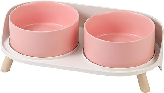 Elevated Ceramic Dog Bowl Set - Double Dog Feeding Bowls with Stand Splash Proof - Raised Dishes for Food and Water - Ideal for Small to Medium Dogs - 2 x 720 ml - 11.3 oz - Pink