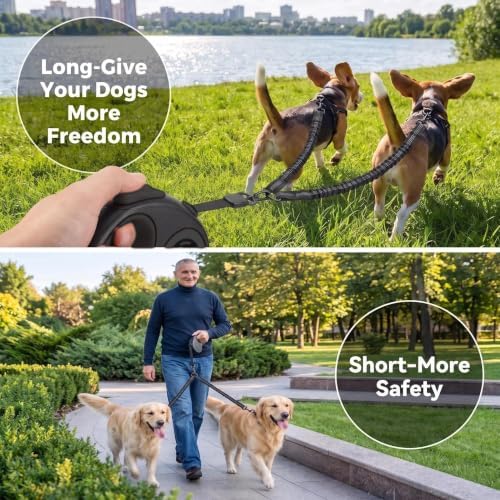 13.5 FT Dual Retractable Dog Leash(Up to 33 LBs Each)+Poop Bags&Holder