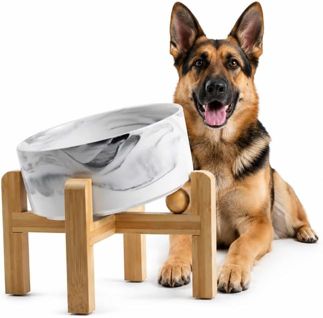 hjn Elevated Ceramic Dog Bowl 15°Slanted Raised Dog Bowl with Bamboo Stand for Small Medium Dogs and Cats, Pet Feeder -7.6-Cup (1800ml)-Marble Gray