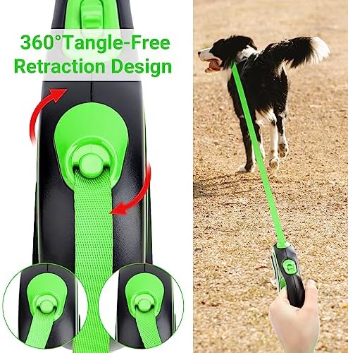 Segarty 16 Ft Extendable Dog Leash, 5m Heavy Duty Walking Dog Leash for Medium Small Dogs up to 44lb, Anti-Slip Handle 360°Tangle-Free Nylon Tape, One-Handed Button Lock & Release (Green)