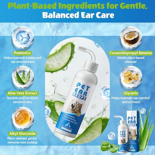 Dog Ear Cleaner with 50 Dry Finger Wipes – Plant-Based Gentle Ear Solution for Dogs & Cats, Helps Remove Wax & Odor, Comfortable Cleaning for Sensitive Ears, 4.06 fl oz