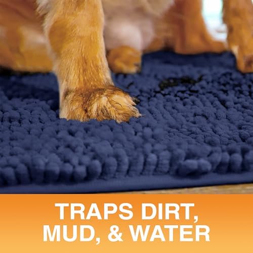 Neater Pets Muddy Paws Dog Door Mat 24” x 17” – Super Absorbent & Quick-Dry Chenille Doormat for Trapping Dirt, Water, Mud - Non-Slip & Machine Washable Pet Rugs for Entryway, Indoor Mud Mats, Navy