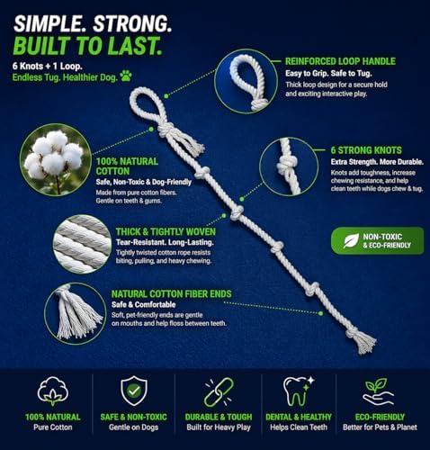 51" Extra Long Dog Rope Tug Toy with Loop Handle – 6-Knot Cotton Rope for Training, Tug-of-War & Interactive Play, Durable for Medium & Large Dogs, Indoor & Outdoor, Washable, White