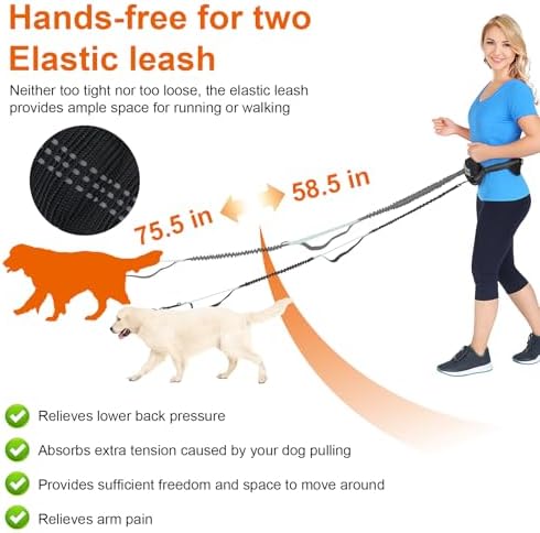 Hand Free Dog Leash with Pouch, Dog Walking Belt Retractable Leash for 2 Dogs with Dual Handles for Running Walking Jogging Pet Belt
