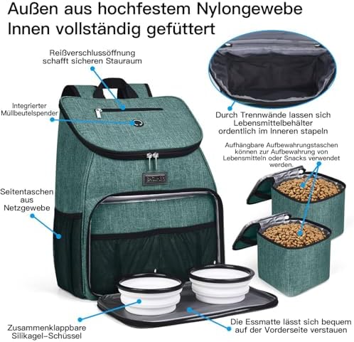 BAGLHER丨Dog Travel Bag, Airline Approved Pet Supplies Backpack, Dog Travel Backpack Accessories Set with 2 Silicone Collapsible Bowls and 2 Food Baskets. Green