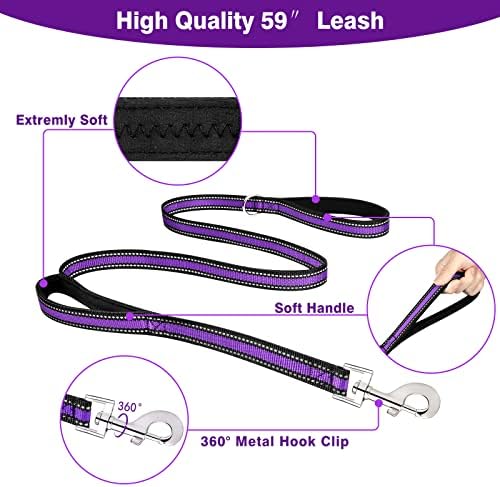 WINSEE Pet Harness Collar and Leash Set, All-in-one Reflective Dog Harness No Pull with Adjustable Buckles for Puppies, Small, Medium, Large, and Extra-Large Dogs (Large, Purple)