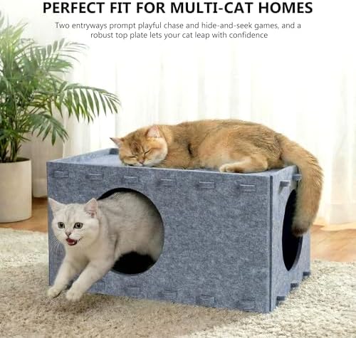 Cat House for Indoor Cats, Scratch Resistance Cat Cave Bed, Felt Peekaboo Cat Hideaway for Large & Multiple Cats Up to 22Lbs, Gray