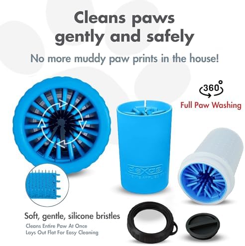 Dexas Lidded MudBuster Medium Dog Paw Cleaner, Pro Blue, Fits 1.5"-2.5" Wide Paws, Gentle Silicone Bristles for Quick, Easy Cleaning