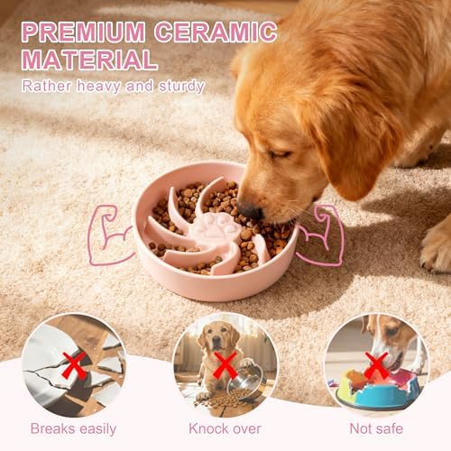 Ceramic Slow Feeder Dog Bowl, 3 Cup Dog Food or 25oz Water, Slow Eating Bowl for Middle Breed, Maze Puzzle Feeder for Fast Eaters, Anti-Choking Stop Bloat, Non-Slip BPA Free (Pink)