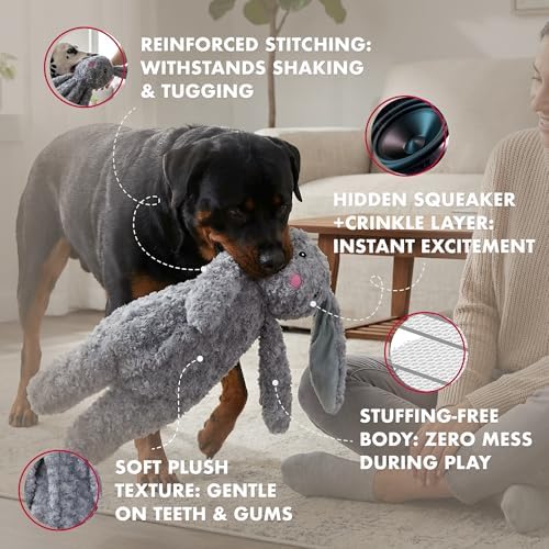 Petlou Stuffingless Floppy Plush Dog Toys with Durable Squeak and Crinkle Paper Dog Chew Toys for Large Dogs and Medium Dogs (Gray, 19 Inch Floopy Rabbit 2)