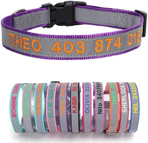 Reflective Personalized Dog Collar Custom Embroidered with Pet Name and Phone Number 4 Adjustable Sizes with Quick Release Buckle for Boy Girl Small Medium Large Dogs