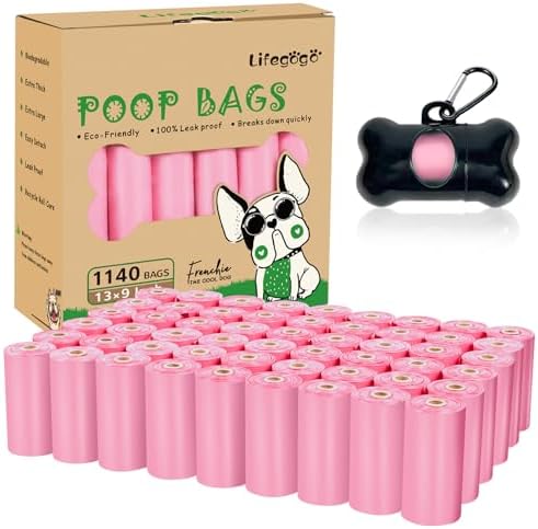 Lifegogo 1140 Counts 57 Rolls Unscented Doggy Poop Bags, Leak-Proof, Easy Tear-Off, Pink (13 x 9 Inches)