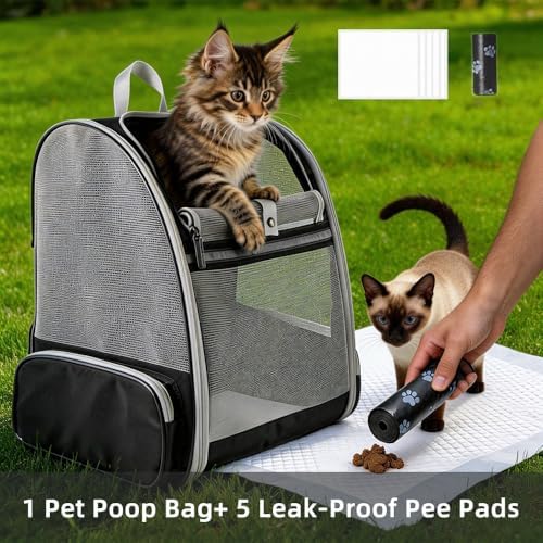 Cat Carrier Soft Sided Pet Carrier Backpack Airline Approved cat Bag for Cats & Dogs - Collapsible, 270° Breathable Design with 1 Pet Poop Bag+ 5 Leak-Proof Pee Pads, Ideal for Small/Medium Pets