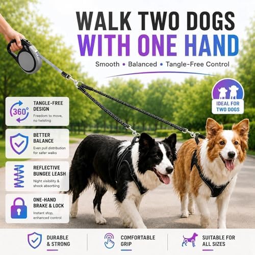 Double Retractable Dog Leash for Two Dogs Up to 115 lbs - 18.6 ft Coupler Leashes for Small Medium Dogs - One Locked System, Non Slip Grip, Tangle Free