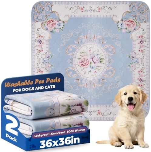 Washable Pee Pads for Dogs 36" x 36" - 2 Pack, Blue Floral, Stylish Reusable Puppy Training Pads - 100% Waterproof & Leak-Proof & Non-Slip, Potty Pads for Whelping, Crate, Floor