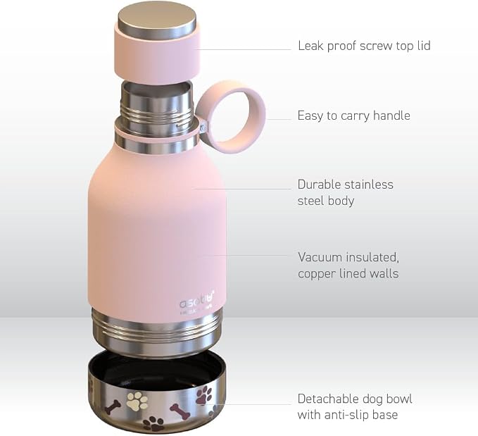 asobu Buddy Bottle, a Stainless Steel Insulated Water Bottle with Removable Dog Water Bowl and Dog Food and Treat Storage (Pink, 37 Oz)