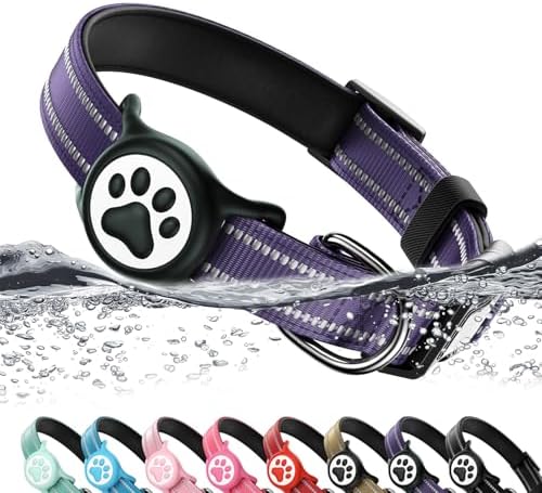 Premium Airtag Dog Collar，with IP68 Waterproof AirTag Holder,Purple,L