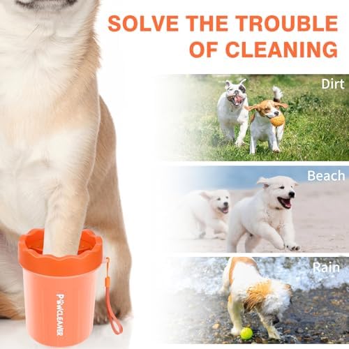 Professional 7 in 1 Dog Paw Cleaner for Dogs & Cats - Includes 1 Portable Paw Washer, 1 Bath Brush, 2 Dog Toothbrushes and 3 Absorbent Towels Note: Fits Paws up to 2 Inches Wide (Orange, Small)