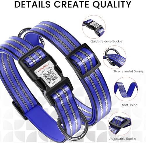 Personalized Dog Collar with QR Code Dog Tag, Navy Blue M
