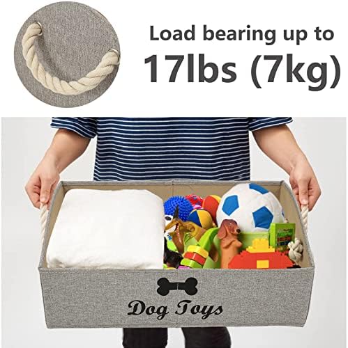 Geyecete Large Dog Toys Storage Bins - Foldable linen Trapezoid Organizer Boxes with weave Rope Handle, Collapsible Basket for Shelves (Light Brown-DOG)