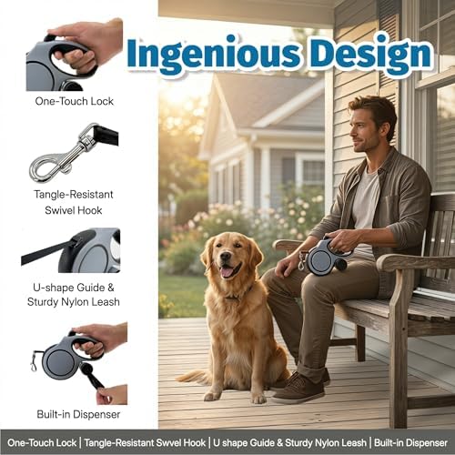 Retractable Dog Leash 26ft for Large Dogs up to 110lbs, Gray