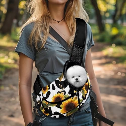 White Cow Print Cat Sling Carrier for Walk Hiking Breathable Mesh Pet Carrier Sling for Puppy Cats Teacup Toy Breed Puppies Yorkies Chihuahuas Hands Free Pet Travel Crossbody Bag