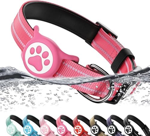 Premium Airtag Dog Collar，with IP68 Waterproof AirTag Holder,Hotpink,XL