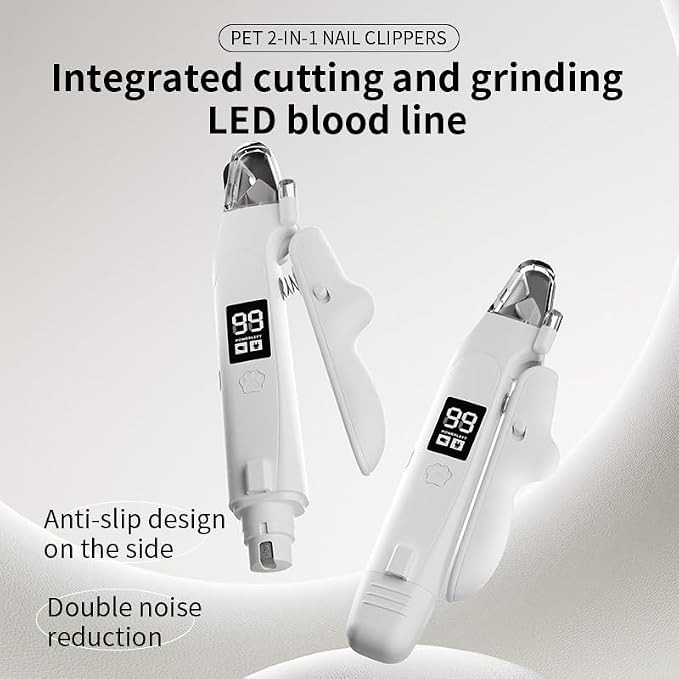 2 in 1 Nail Clippers with Grinder for Dog & Cat, Electric Rechargeable Claw Trimmer with LED, Safety Guard & Long Battery Cordless-Quiet Grooming for Pets, with 1 Hair Remover Glove