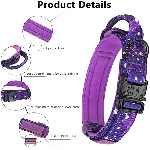 DAGANXI Tactical Dog Collar, Adjustable Military Training Nylon Dog Collar with Control Handle and Heavy Metal Buckle for Medium and Large Dogs, with Patches and Airtags Case (S, Purple Sky-Set)