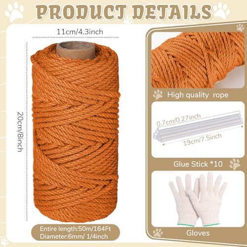 Natural Sisal Cat Rope for Posts, 1/4in ×164ft, Orange