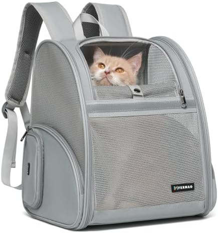 Cat Backpack Carrier for Small Dogs and Medium cat Puppy Kitten Bunny Pet Carrier Backpack Collapsible with Fully Ventilated Mesh with Safety Leash (Gray, 12.9" L x 10.62" W x 15.5" H - M)