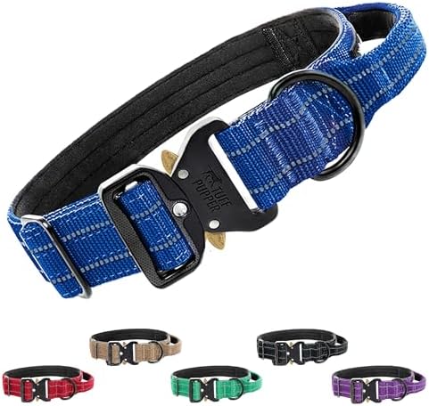 Tuff Pupper Tactical Dog Collar | Heavy Duty 1.5" Wide Ballistic Nylon | Training Control Handle | Quick-Release Metal Buckle | Reflective Bands | ID Tag Holder | Padded Inner Lining (Blue, Medium)