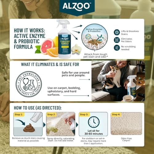 ALZOO Pet Stain & Odor Remover Spray for Dog & Cat Urine, Carpet, Furniture & Floors | Active Enzyme & Probiotic Formula | Citrus Vanilla Scent | Made in USA | 32 oz