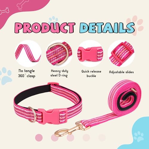 Reflective Dog Collar and Leash Set, Nylon Dog Leash with Heavy-Duty Steel D-Ring, Adjustable with Quick Release Buckle for Small Dogs,Hot Pink S