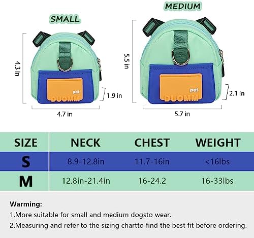 Dog Backpack Harness with Leash,Cute Pet Puppy Backpacks Bulid-in Dog Poop Bag Dispenser,Adjustable Pets Self Carrier Bag for Small Medium Dogs Travel Hiking Daily Walking(S, Green)